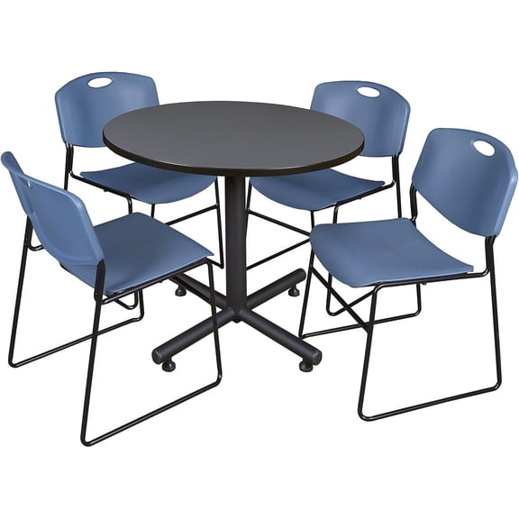 HomeStock Earthy Elegance 36" Round Breakroom Table- Grey & 4 Zeng Stack Chairs- Blue, Ideal for Cafeterias, Dining, and Office Spaces