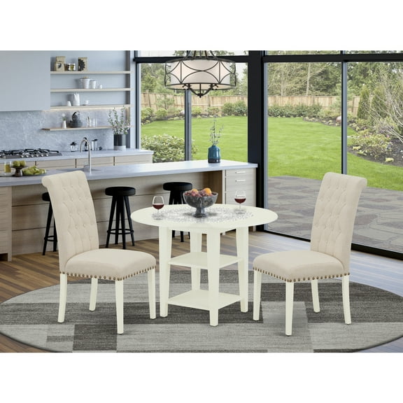 Round Drop Leaf Dinette Set - 3Pc Dining Table & Chairs - Linen White & Beige