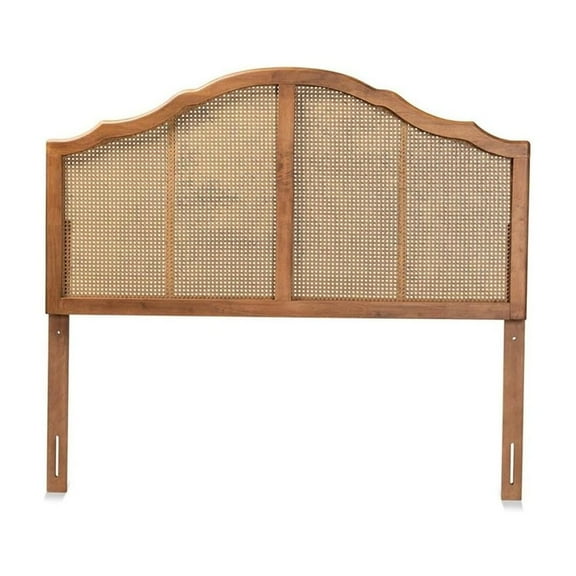 HomeStock Earthy Elegance 61.2"W x 50"H Classic Traditional Ash Walnut Wood and Synthetic Rattan Queen Size Arched Headboard with Woven Scalloped Detailing