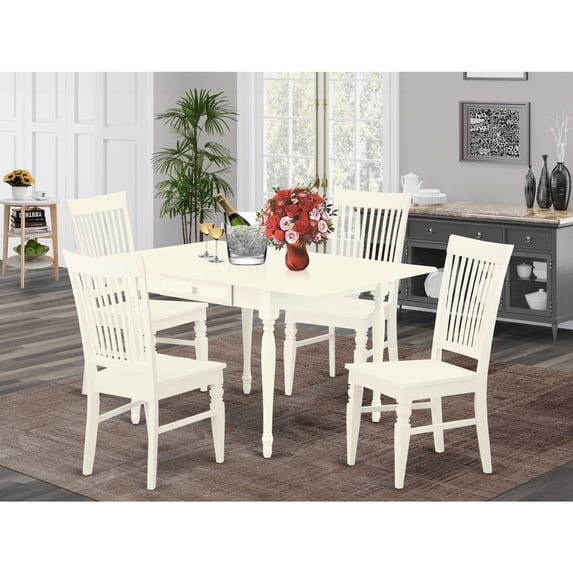 HomeStock Earthy Elements 5 Pieces Kitchen Dining Table Set - Durable Two 9-Inch Drop Down Leaves Real Wood Dining Table And 4 Wooden Seat Dining Chairs, Linen White Finish