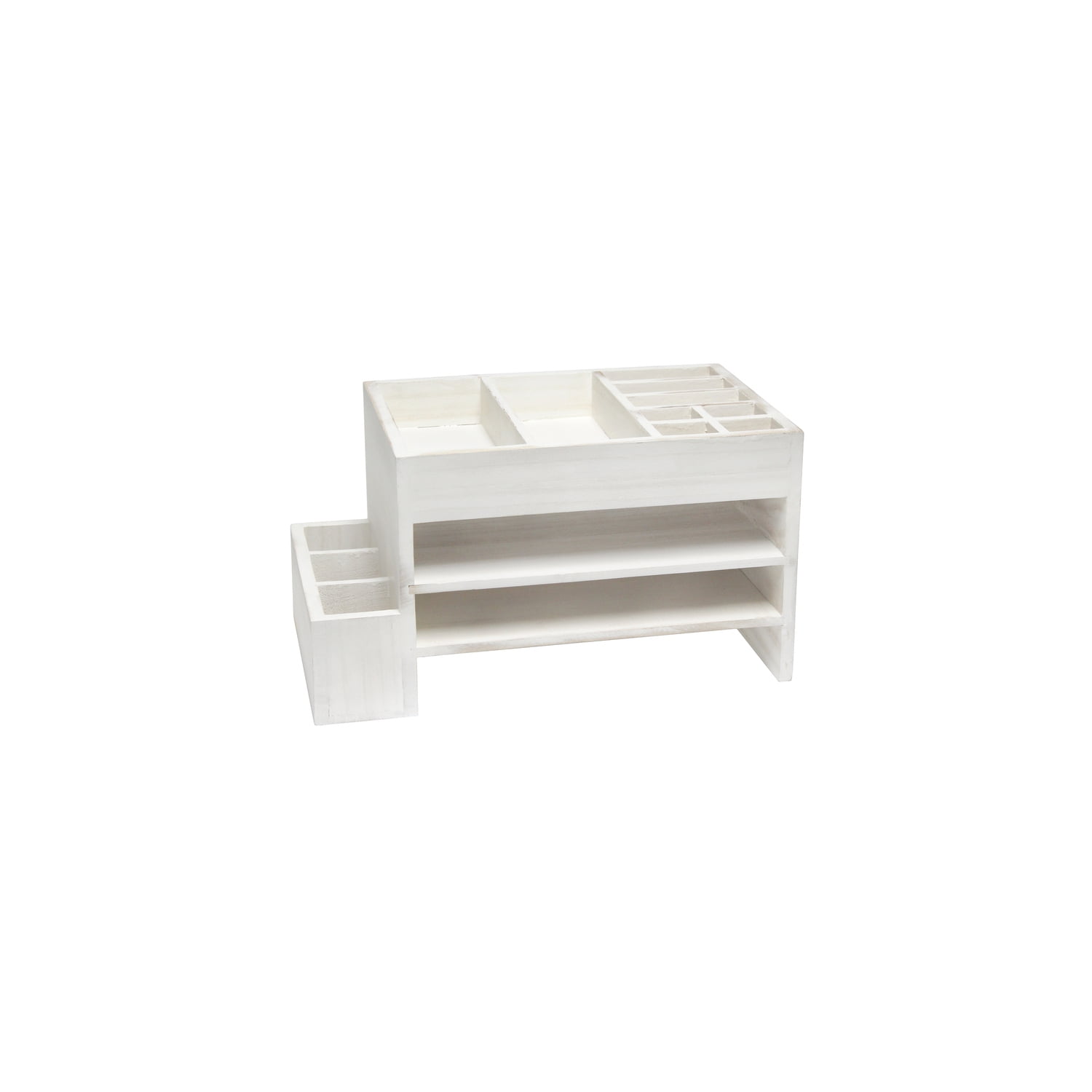 White Wash Wooden Tiered Desk Organizer with Storage Cubbies