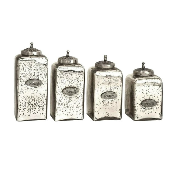 HomeStock Earthy Elements Silver Mercury Glass Jars Set of 4 - Silver - Apothecary-Style Jars with Distressed Finish and Embossed Numbers for a Vintage Look