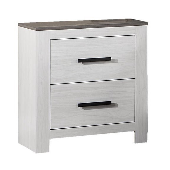 HomeStock Eclectic Elegance 26 Inch Nightstand with 2 Drawers White Wood Finish Gray Top Black Bar Handles Glider Tracks Panel Legs