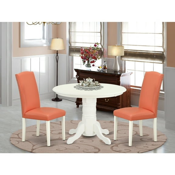 Round Dinette Set 3pc - 42" Table & 2 Parson Chairs - Pink Flamingo PU Leather - Eclectic Elegance