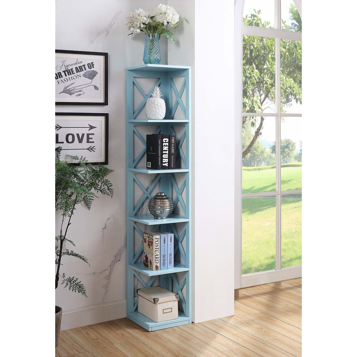 Sea Foam Blue 5-Tier Corner Bookcase with Crossed Design