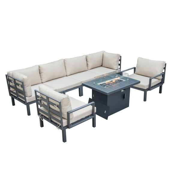HomeStock Eclectic Elegance 7-Piece Aluminum Patio Conversation Set With Fire Pit Table And Cushions