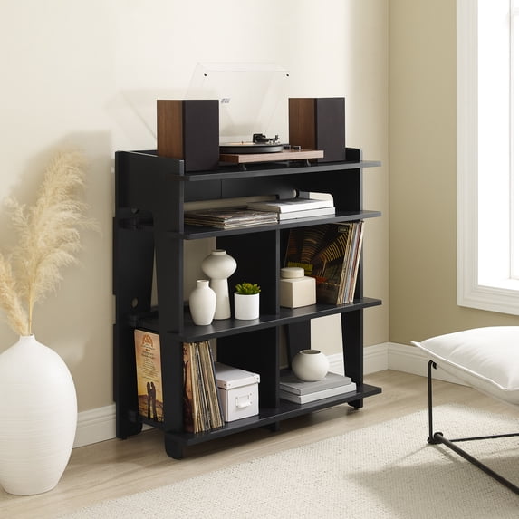 Record Storage Console - Turntable Stand Media Storage - Modern Black Furniture - Tiered Shelving