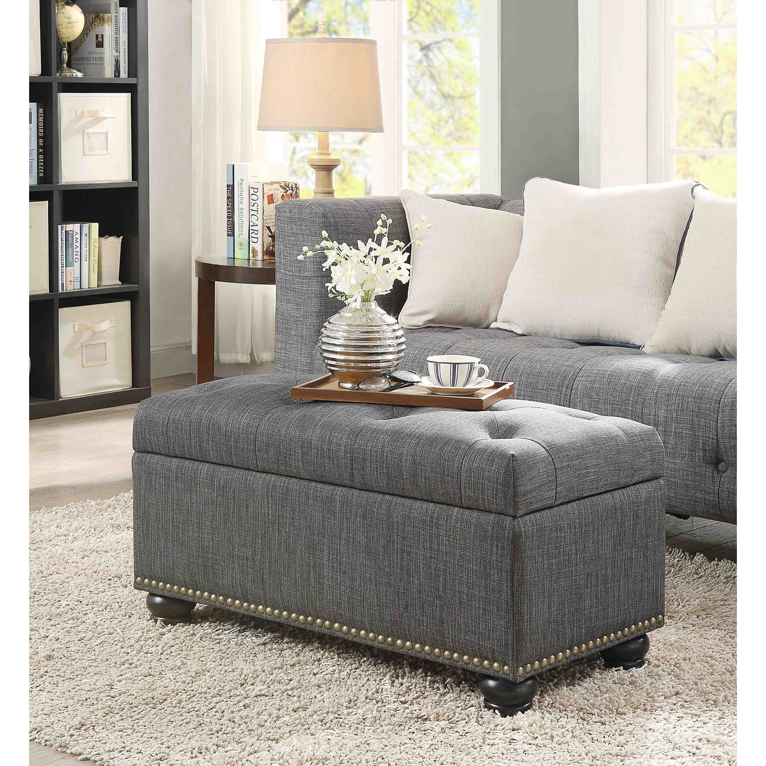 HomeStock Eclectic Elegance Storage Ottoman 35.5" - Contemporary Foot Stool and Bench with Hinged Lid for Living Room, Dining Room, Office, Dark Charcoal Gray Fabric