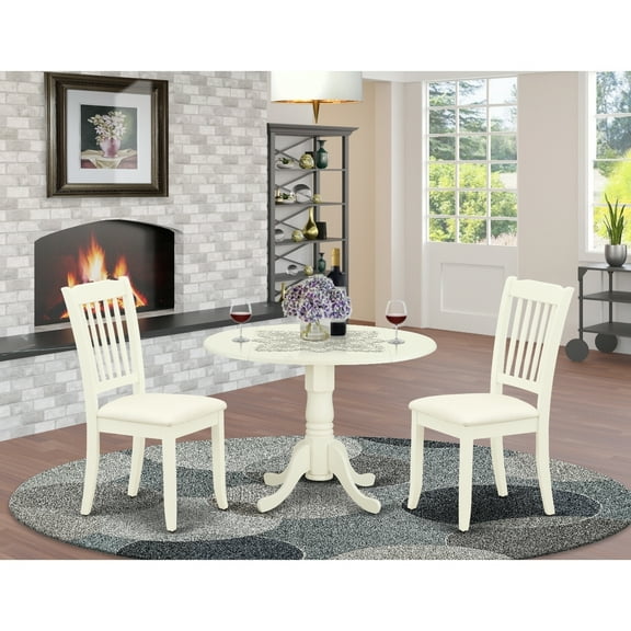 3Pc Dinette Set - Round Kitchen Table & 2 Linen Chairs - White Finish - Small Space Dining