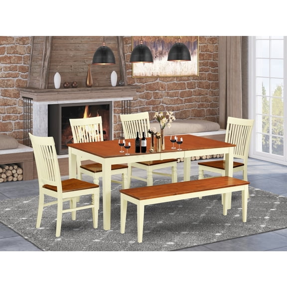 HomeStock Eclectic Escape 6 Pc Dinette Set With A Dining Table And 4 Seat Dining Chairs Plus One Bench In Buttermilk And Cherry