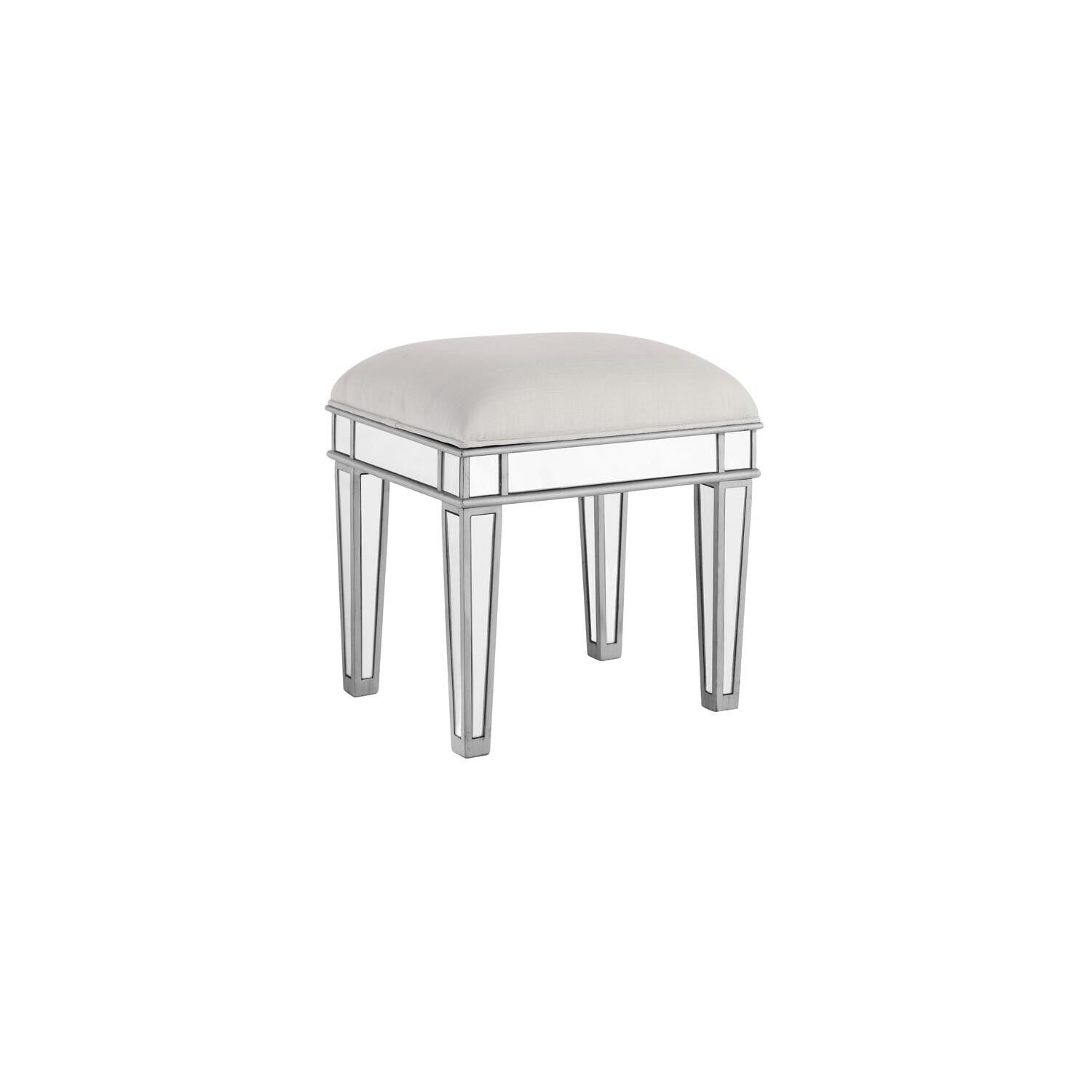 Ivory Linen Upholstered Silver Mirrored Vanity Stool
