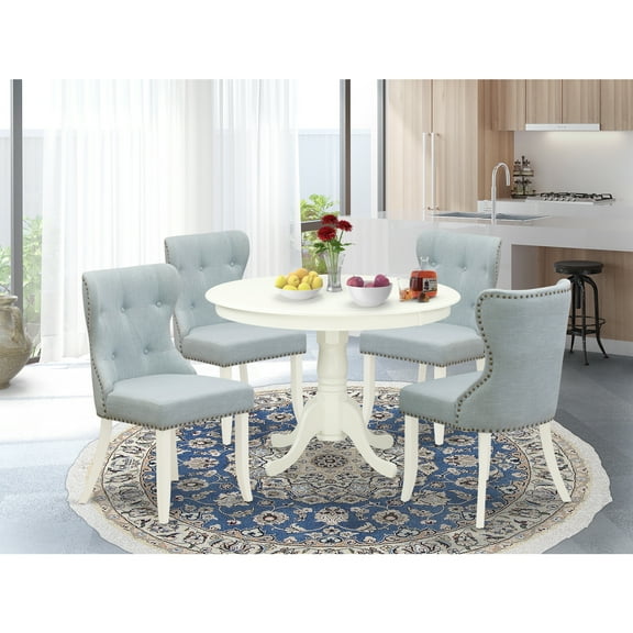 HomeStock Eclectic Escape - A Dining Set Of 4 Amazing Kitchen Dining Chairs With Linen Fabric Baby Blue Color And A Beautiful 42-Inch Round Dining Table With Linen White Color
