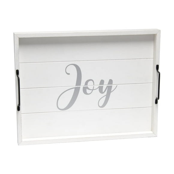 HomeStock Eclectic Exclusivity Decorative Wood Serving Tray with Handles, White Wash Finish and "Joy" Text, Ideal for Breakfast in Bed, Parties, or Rustic Farmhouse Decor