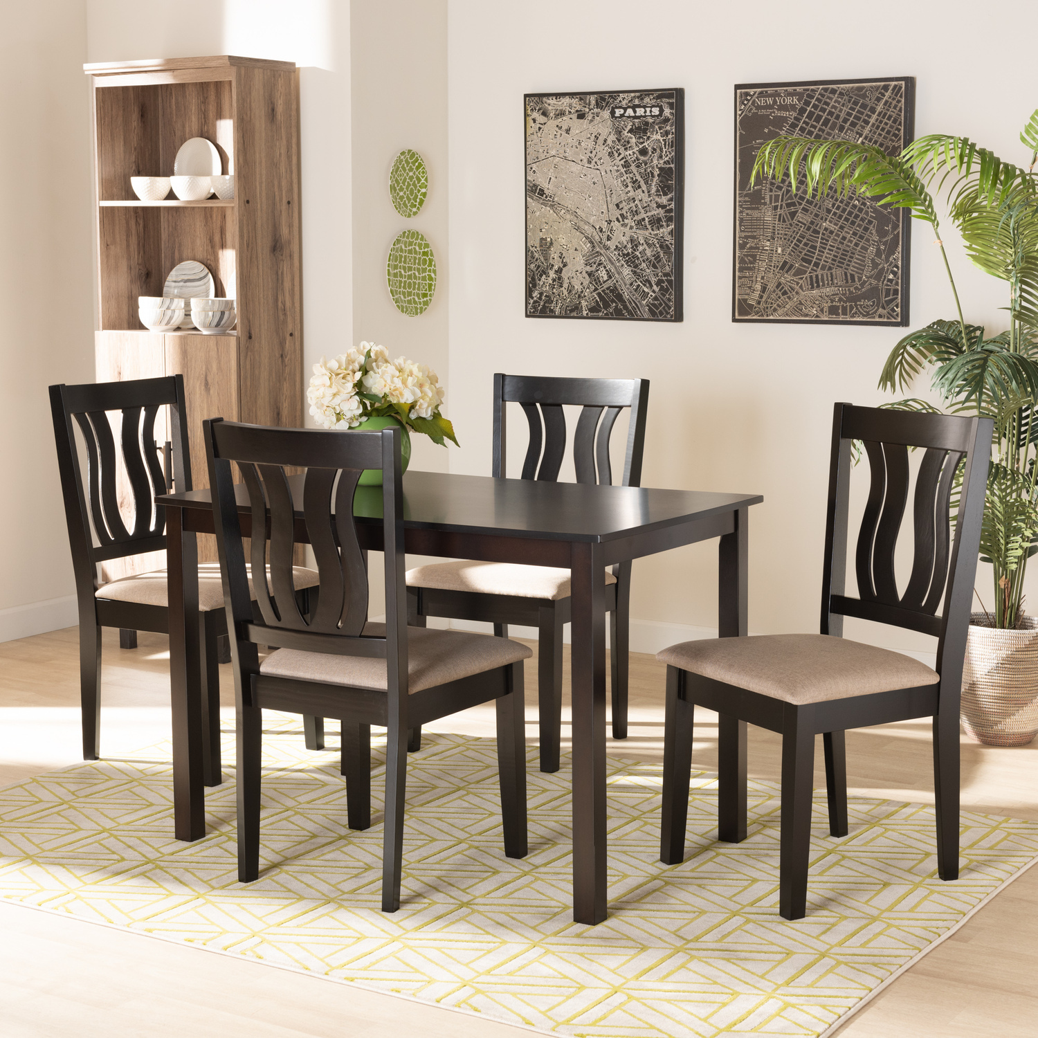 Modern 5-Piece Dining Set - Sand Fabric & Dark Brown Wood Table ...