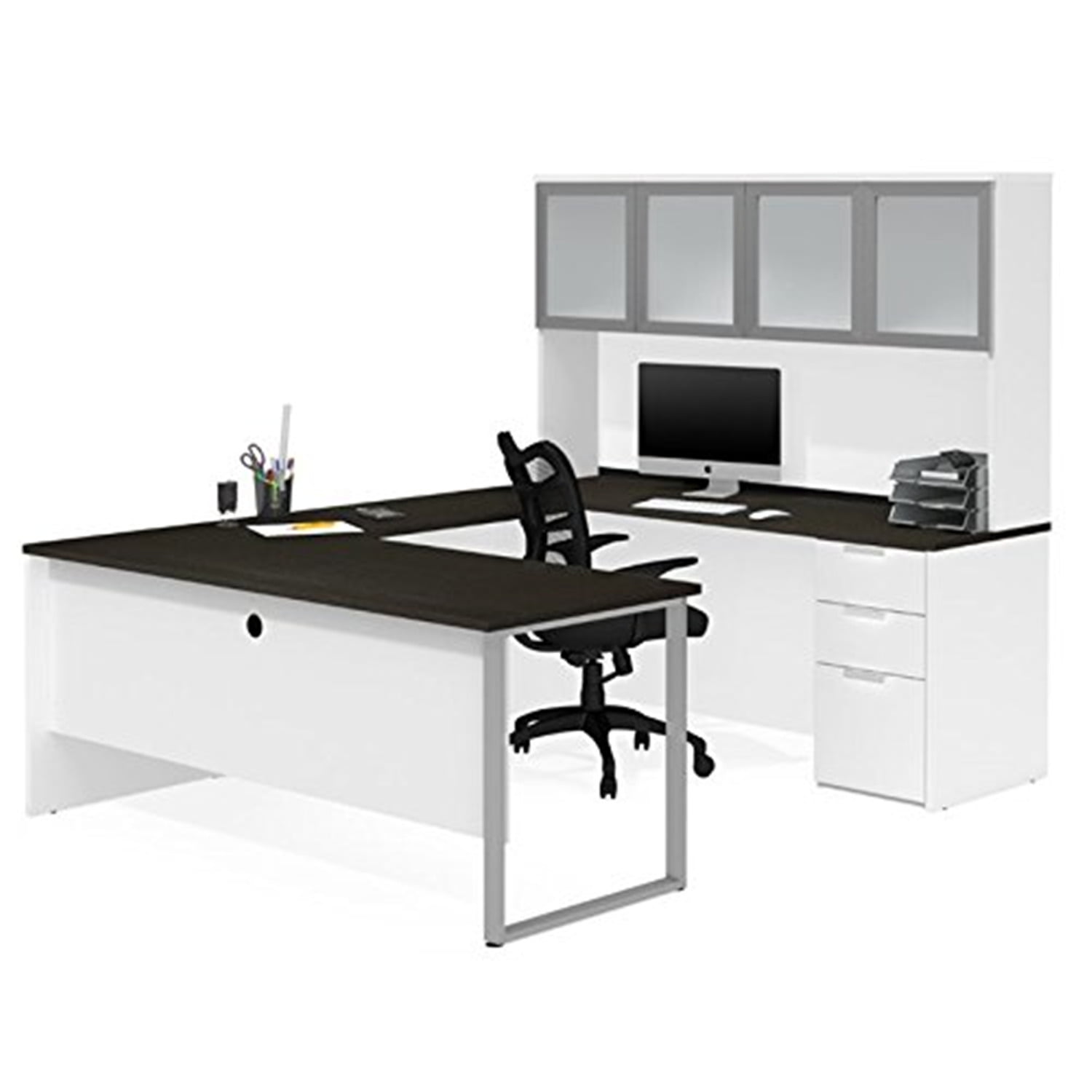 White and Deep Grey U-Shaped Executive Desk with Hutch