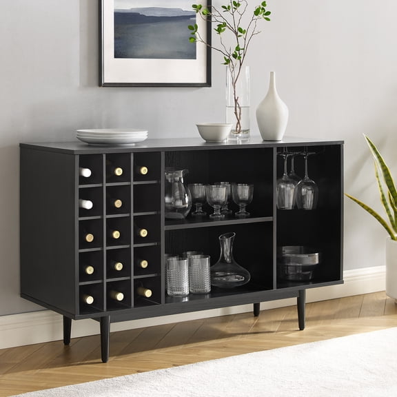 HomeStock Eclectic Exclusivity Wine Storage Sideboard - Black, 18"D x 47.75"W x 30.25"H, Three open storage cabinets, Mid-Century Design, Modern Sideboard w/ Wine Storage, Bar Cabinet/Sideboard