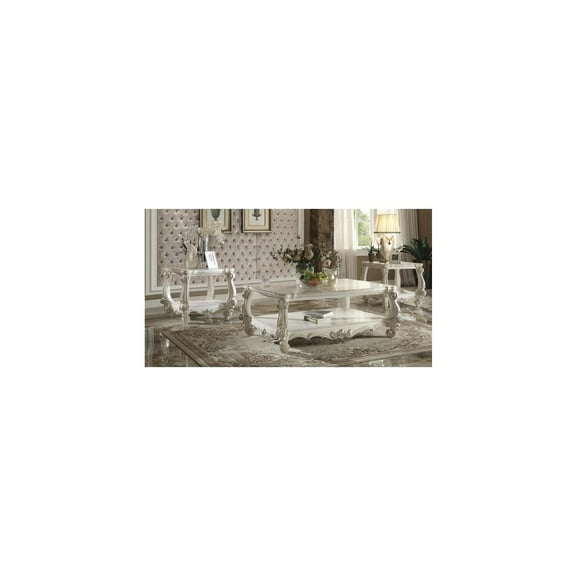 HomeStock Elegant Escape Coffee Table, Bone White, Scrolled Legs, Wooden Top, Bottom Shelf, Poly-Resin Antique Contrast Finish, 59" L x 41" W x 21" H