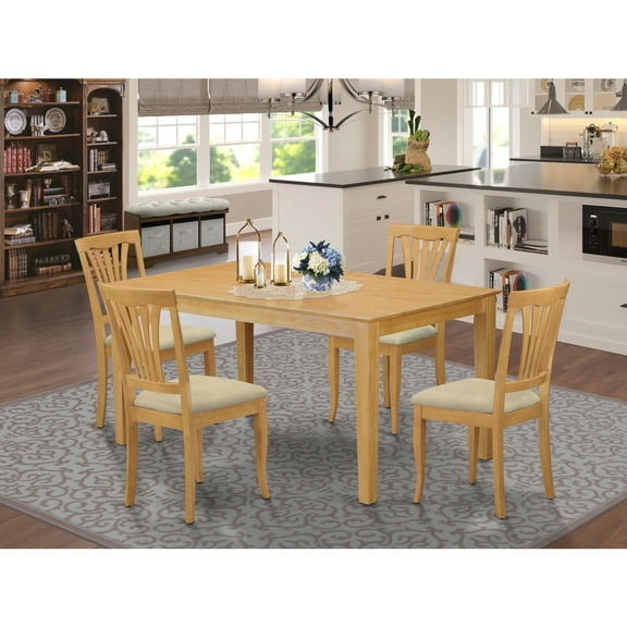 Kitchen Dining Set for 4 - 5 Piece Table & Chair Set - Elegant Linen Upholstered Dining Room Set - Oak Finish