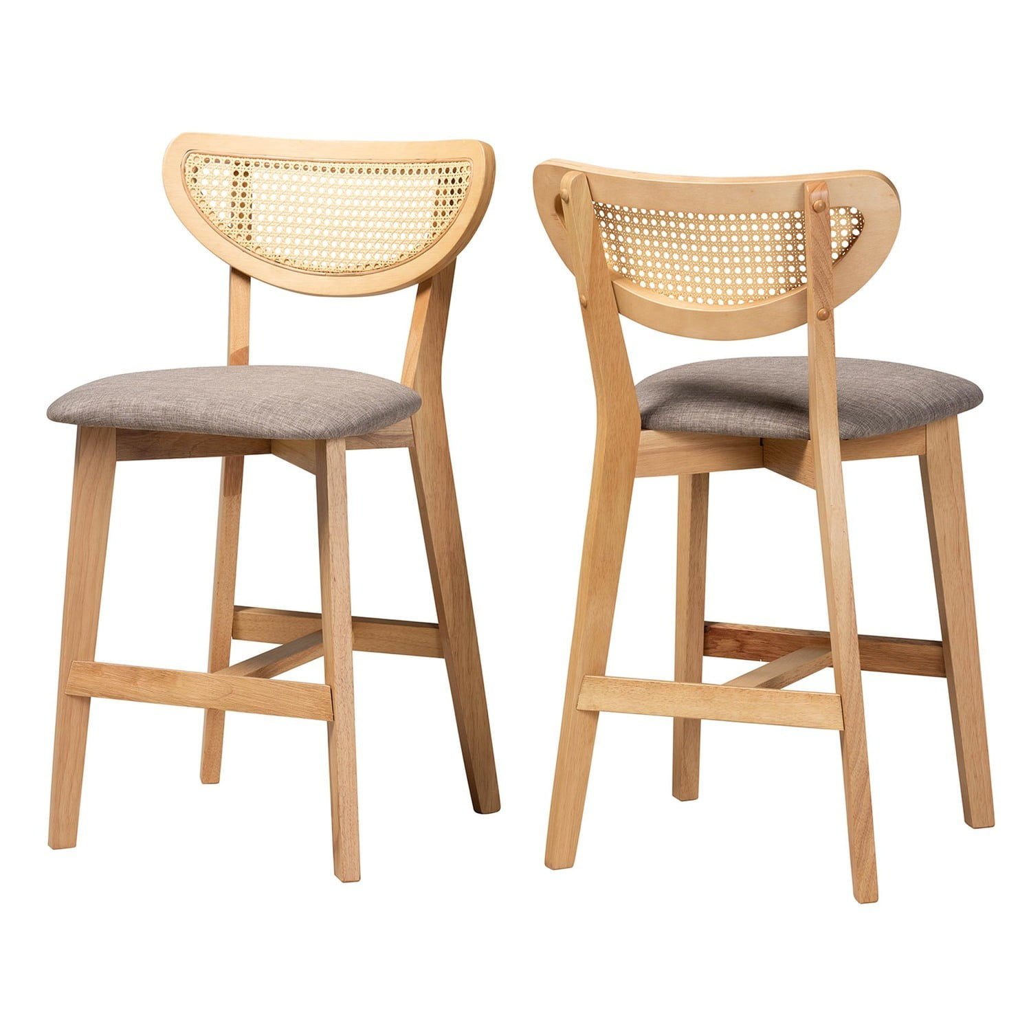 Natural Oak and Gray Upholstered Counter Stool Set with Rattan Backrest