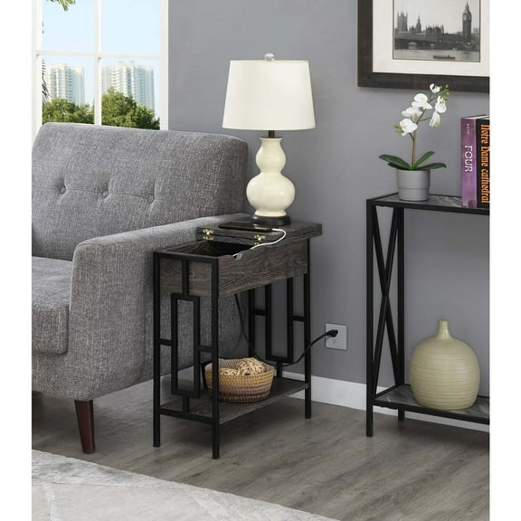 Homestock Elegant Escape Square Flip Top End Table With Charging Station In Weathered Gray/Black - Includes Usb Ports And Concealed Storage For Convenience