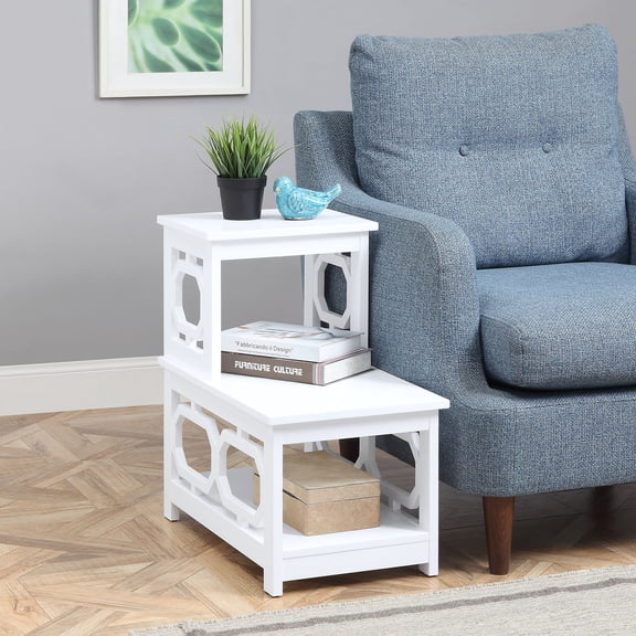 2 Step End Table - White Accent Table with Storage - Living Room, Office Side Table