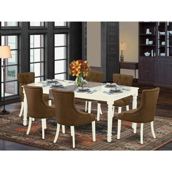 HomeStock Farmhouse Fresh 7Pc Dinette Set Includes A Rectangular Kitchen Table With Butterfly Leaf And Six Parson Chairs With Dark Coffee Fabric, Linen White Finish