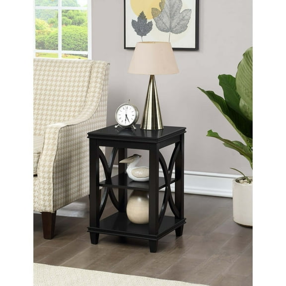HomeStock Farmhouse Fresh Black End Table, Transitional Design with X-Shaped Sides, Two Shelves for Display, Durable Rubberwood Construction, 16" L x 16" W x 24" H