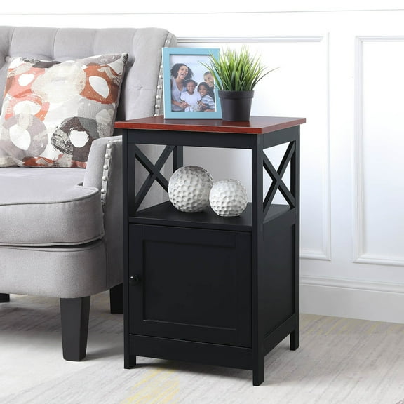 Farmhouse End Table with Cabinet & Shelves - Living Room Accent Table, Cherry/Black Finish