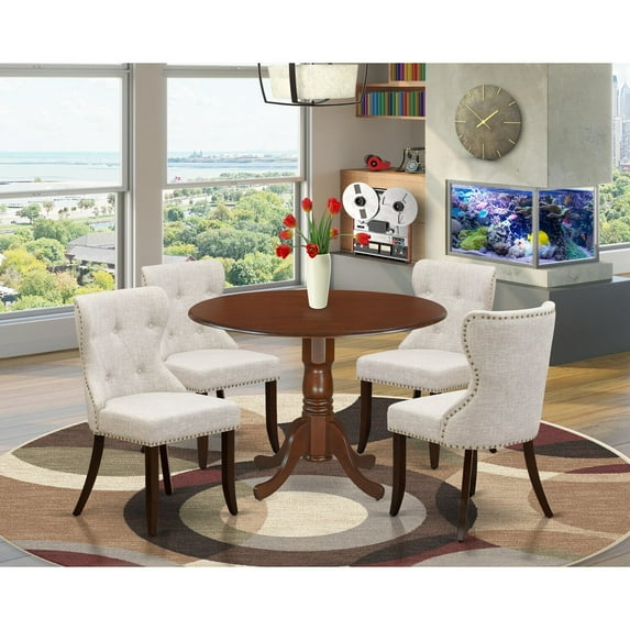 Farmhouse Fresh Furniture - A Dining Room Table Set for 4 Amazing Kitchen Chairs Using Linen Fabric Doeskin Color & An Attractive Two 9" Drop Leaf Round Wooden Table In Mahogany