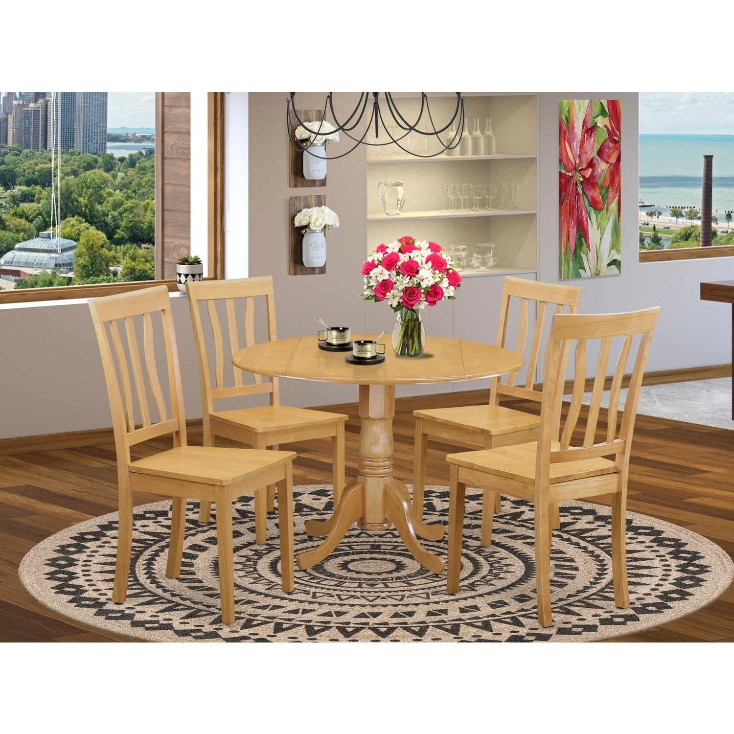Farmhouse Dining Set - 5 Piece Table & Chair Set - Oak Finish - Small ...