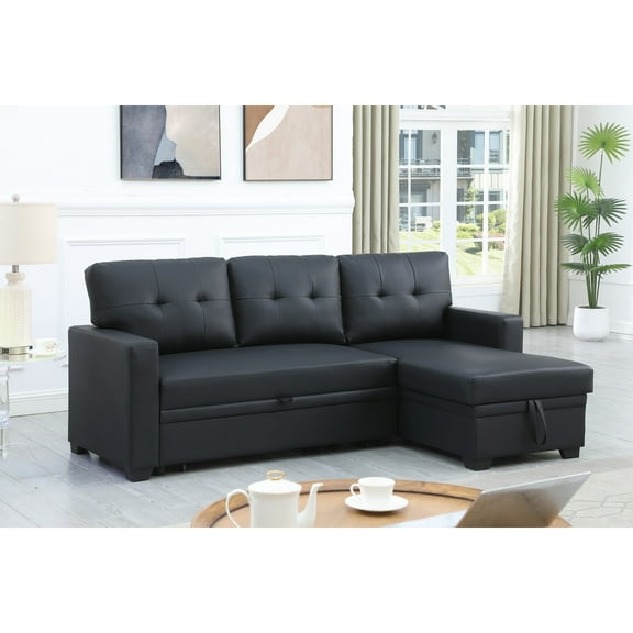 HomeStock City Chic L-Shaped Fabric Reversible, Easy Convertible Pull-Out Sleeper Sectional Sofa-Color:Black