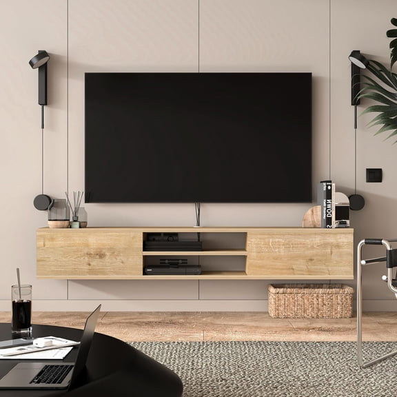 HomeStock Floating TV Stand 70 Inch - Wall Mounted Entertainment Center, Modern TV Console Oak
