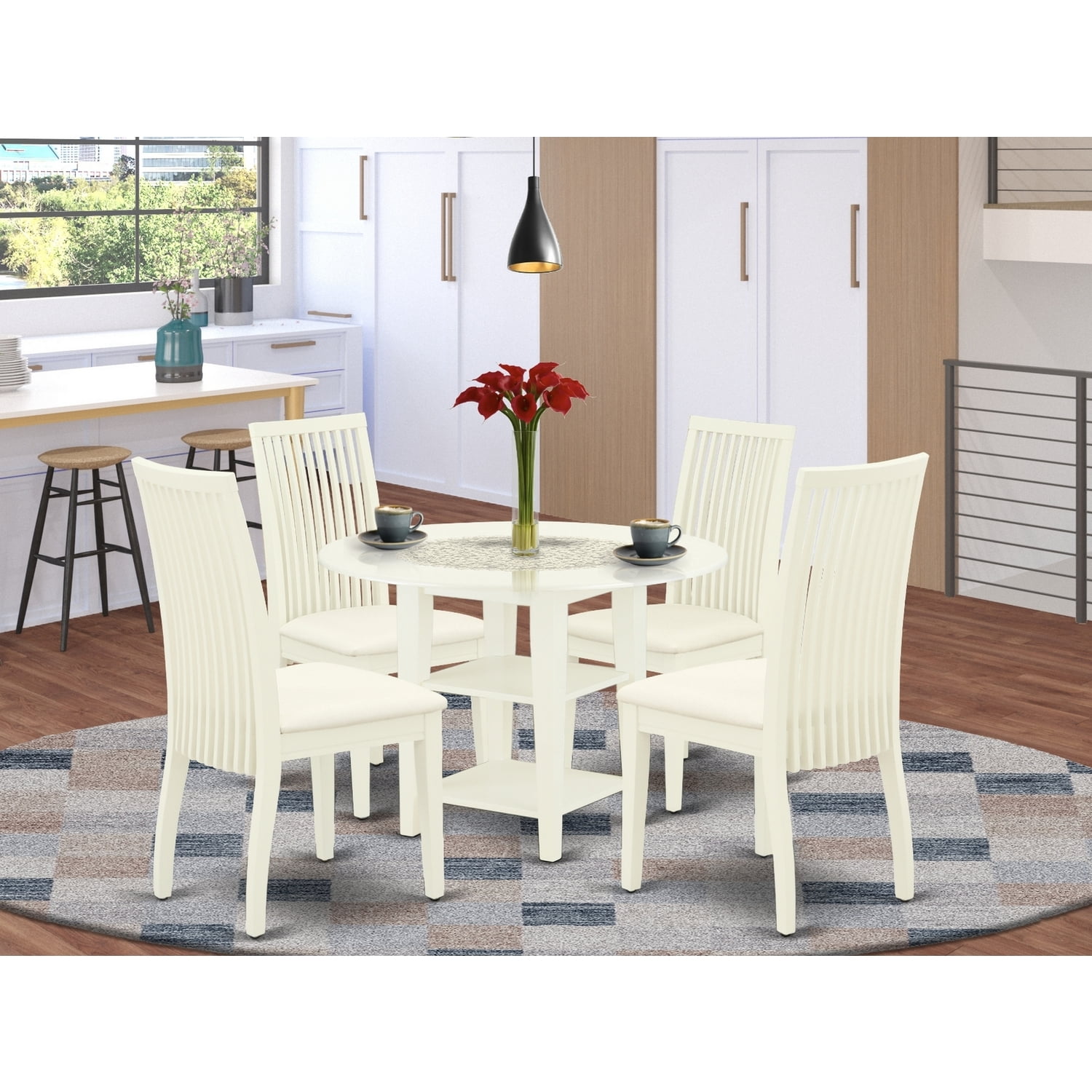 French Country 5-Piece Dining Set - Round Table & 4 Linen Chairs ...
