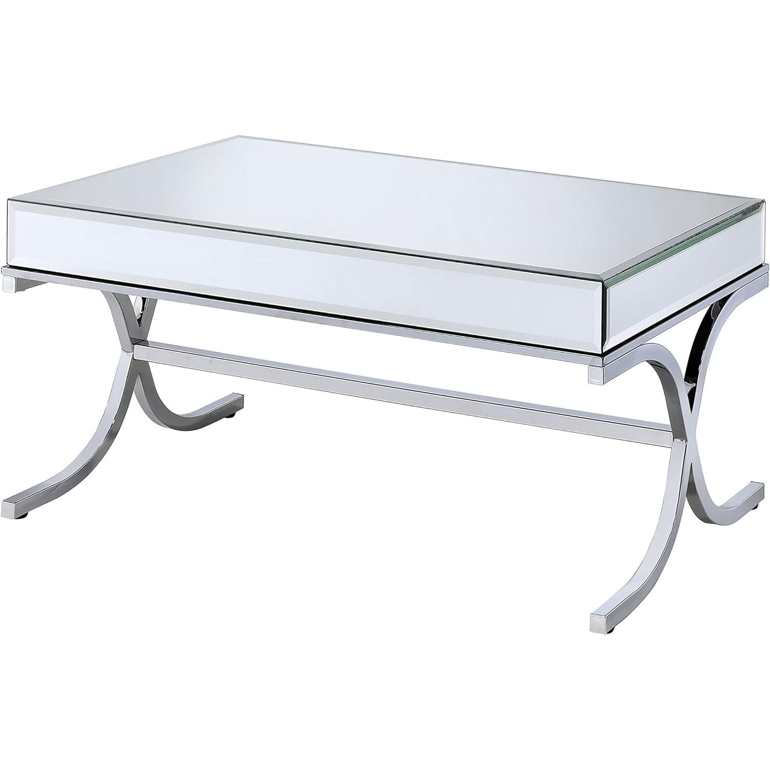 Elegant Rectangular Mirrored Coffee Table with Chrome Metal Base