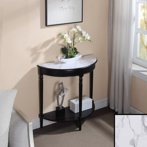 HomeStock French Country Half-Round Entryway Table with Shelf, White Faux Marble/Black, 31.5"D x 14"W x 30.25"H, Traditional and Transitional Style