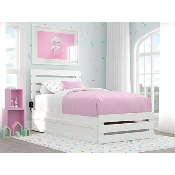Twin Bed with Trundle & USB Charger - French Country Style Bed Frame - White Finish