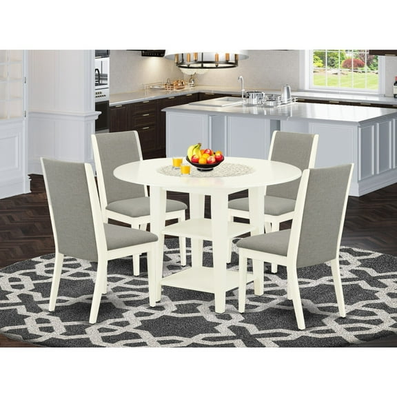 5-Piece Dining Table Set - Round Wood Table & 4 Parson Chairs - Linen White & Shitake Finish