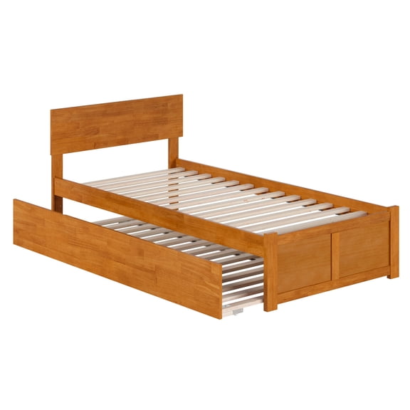 HomeStock French Fabulous Twin XL Solid Wood Platform Bed with Footboard & Twin XL Trundle in Light Toffee