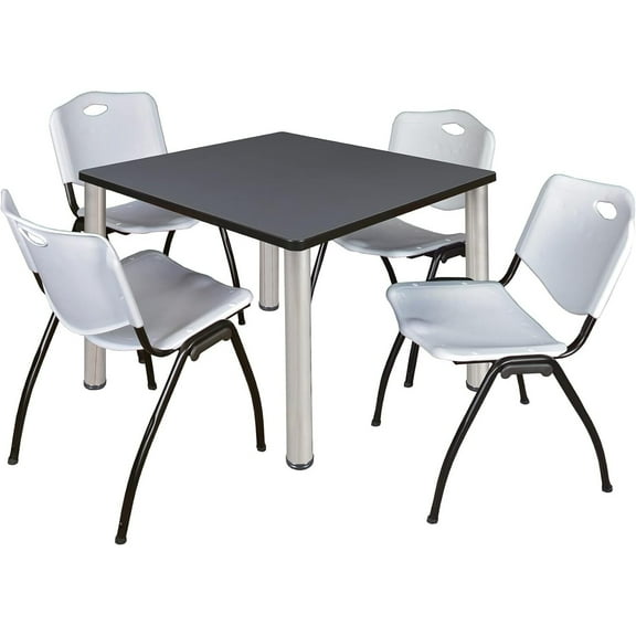 HomeStock French Flair 30" Square Lounge Table Grey/Chrome with 4 'M' Nesting Chairs, Grey - Ergonomic Breakroom Furniture Set for Staff Break Room, Tables & Chair, Breakroom Set