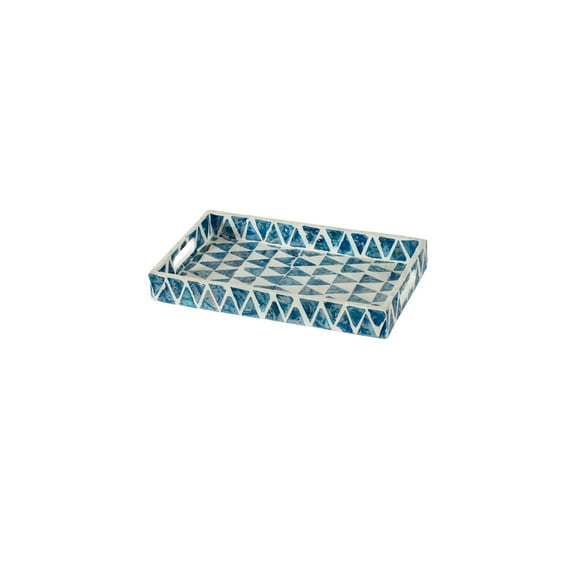 Rectangular Mosaic Tray - Blue & White Decorative Tray with Handles - 14x8 Inch Table Tray for Decor