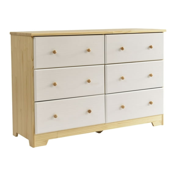 HomeStock French Flair Solid Pine 6 Drawer Double Dresser, Natural & White, Mid-Century Modern Design, Smooth Metal Glides, Spacious Storage, 47.85" Wide