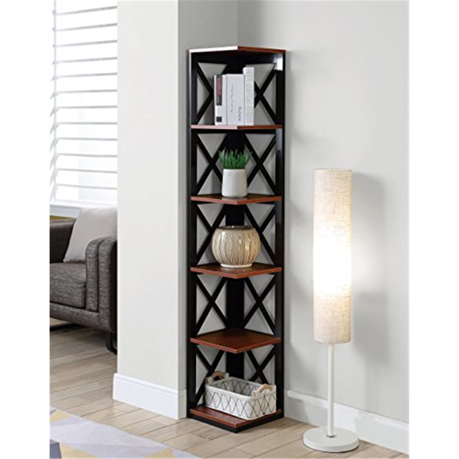 Sea Foam Blue 5-Tier Corner Bookcase with Crossed Design