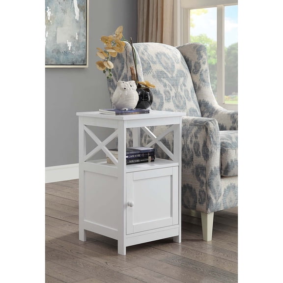 Homestock French Fabulous End Table With Cabinet, White, Two Shelves, Clean-Lined Design, Mdf With Non-Lead Paint Finish, Stylish Cabinet Storage, 23.75"W X 13"D X 30.75"H