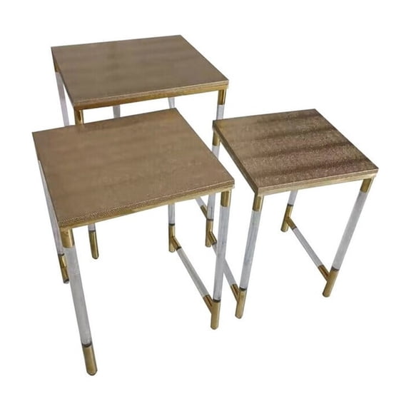 HomeStock Fresh 3 Piece Nesting End Table Set with Faux Leather Tops Clear Acrylic Legs and Gold Accents in a Space Saving Modern Square Design