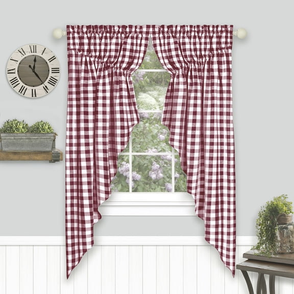 HomeStock City Chic Gathered Swag Window Curtain Pair - 72 Inch Width, 63 Inch Length - Burgundy & Ivory Plaid - Light Filtering Farmhouse Country Drapes for Bedroom Living & Dining Room