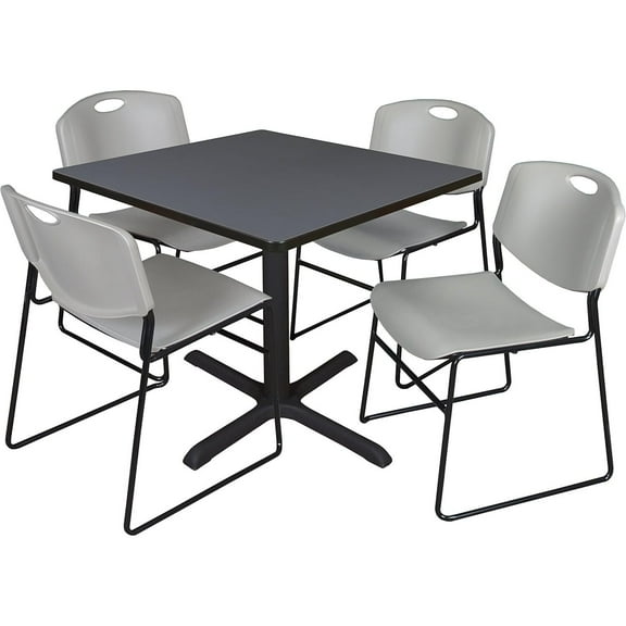 HomeStock Global Glam 36" Square Breakroom Table- Grey & 4 Zeng Stack Chairs- Grey, Ideal for Cafeterias, Dining, and Office Spaces