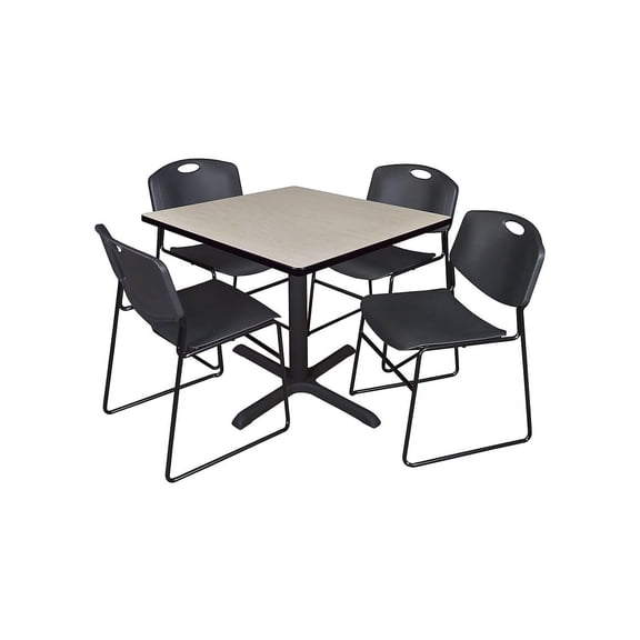 HomeStock Global Glam 36" Square Breakroom Table- Maple & 4 Zeng Stack Chairs- Black, Ideal for Cafeterias, Dining, and Office Spaces