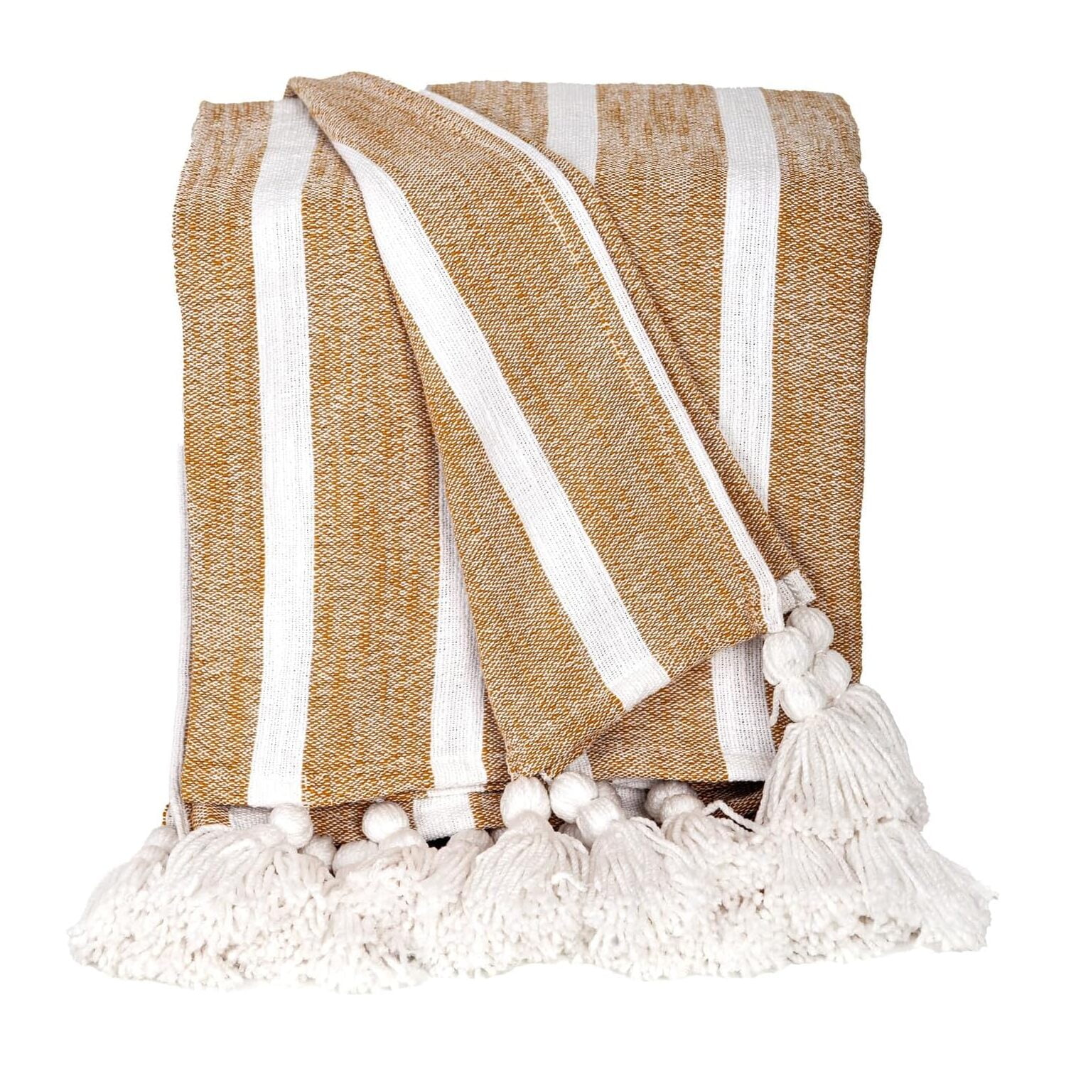 Mustard and White Cotton Slub Throw with Tassels, 50” x 60”