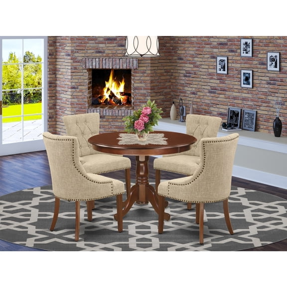 HomeStock Global Glam 5Pc Dining Set Includes A Round Dinette Table And Four Parson Chairs With Doeskin Fabric, Mahogany Finish