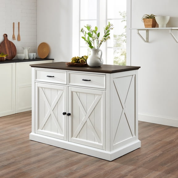 Kitchen Island with Storage - Farmhouse Cart with Towel Bar & Shelves - White/Brown Kitchen Center